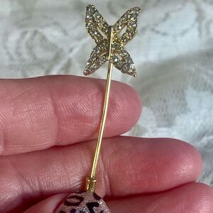 Vintage Butterfly Stick Pin Gold Tone with Embedded Rhinestones